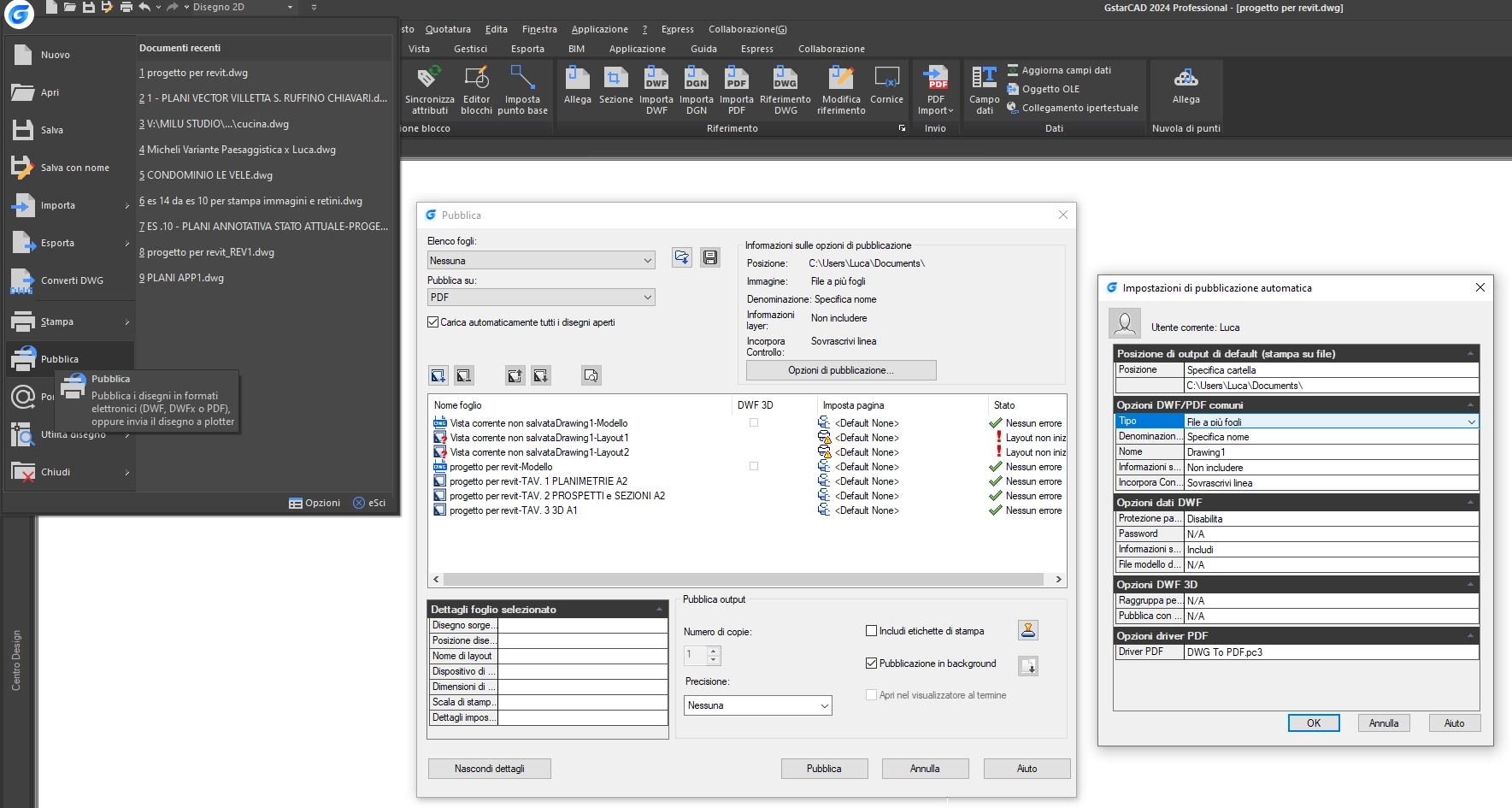 Finestra di dialogo Esporta PDF più fogli in GstarCAD.