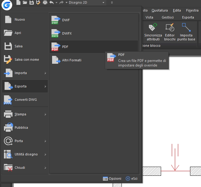 Menu Esporta PDF di GstarCAD.